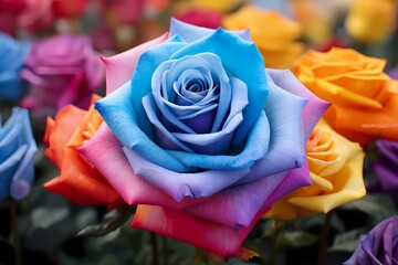 A powder blue rose standing tall amidst a sea of colorful blooms