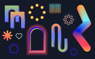 Neo brutalism elements with neon glow. Neo memphis, vaporwave set. Retro futuristic y2k different shapes and figures. Cyber neo futuristic style 80s 90s abstract style isolated on dark