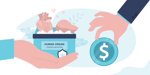 Hand give box with various healthy donor human organs. Businessman hand pay money for organs and transplantology. Surgery, medicine and healthcare concept