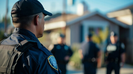 Obraz premium A neighborhood watch group meeting, where community safety and vigilance are the focus, ensuring a safe environment for all, community care, care jobs, community support, with copy space