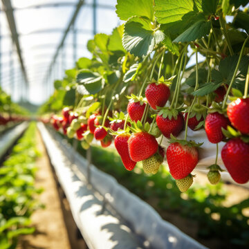 Bountiful harvest of ripe strawberries cultivated in greenhouses, highlighting organic agriculture. AI generative.