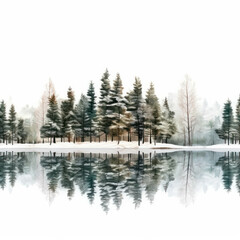 Serene winter landscape with pine trees lining the snowy shores of the lake. AI generative.