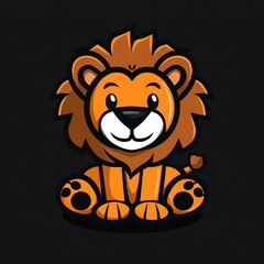 Flat design lion logo, cute cartoon lion icon. Modern vector graphic for branding and marketing.