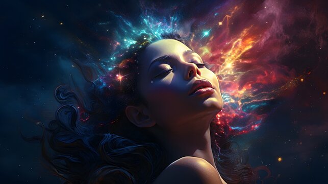 Portrait of a person with a vibrant and detailed image of the night sky or a galaxy, creating a cosmic feel