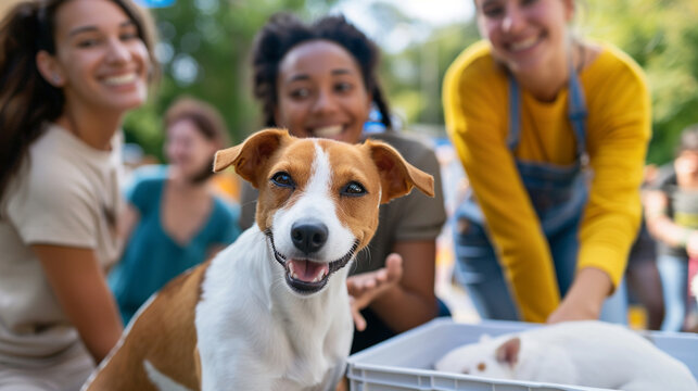 A pet adoption day organized by the local animal shelter, with community members volunteering and adopting pets, community care, care jobs, community support, with copy space