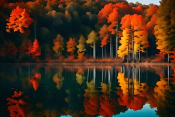 A serene, misty morning over a tranquil lake embraced by vibrant autumn foliage mirrored in the still waters.