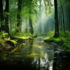Foggy swamp forest in spring, a serene and peaceful scene amidst nature's embrace. AI generative.