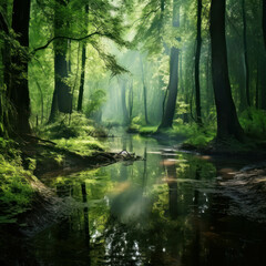 Foggy swamp forest in spring, a serene and peaceful scene amidst nature's embrace. AI generative.