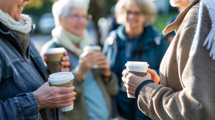 Residents holding coffee cups and conversing in small groups after a formal neighborhood meeting, casual and relaxed, blurred background, care jobs, with copy space - obrazy, fototapety, plakaty