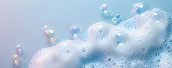 Close up with soap foam and bubbles made of shampoo, lotion, detergent. Macro photo of spume on blue background. Banner with copy space for laundry, cleaning services, beauty, skin care concept