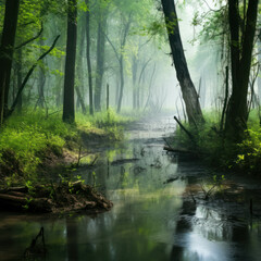 Misty quagmire in a lush green forest, evoking a sense of mystery and tranquility. AI generative.