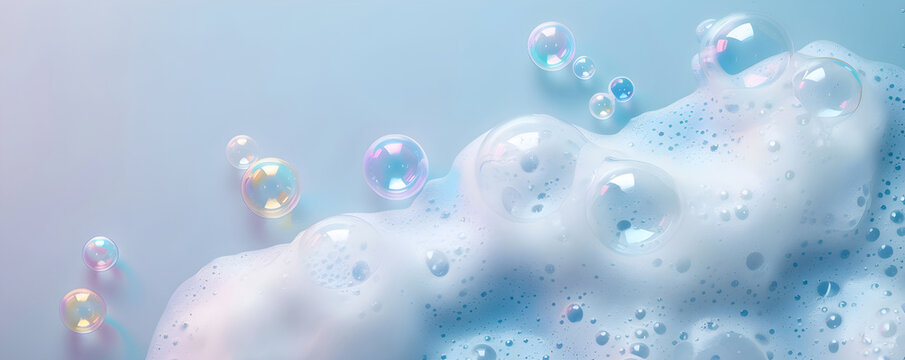 Close up with soap foam and bubbles made of shampoo, lotion, detergent. Macro photo of spume on blue background. Banner with copy space for laundry, cleaning services, beauty, skin care concept