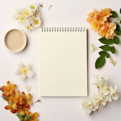 Neatly arranged work desk featuring notepad, stationery, and flowers. Creative workspace concept on a light background. AI generative.