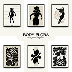 Modern Art Poster with body, women and flower. Matisse Abstract Set, Aesthetic Modern, Boho Decor, Minimalist, Illustration, Vector, Poster, Postcard. 
