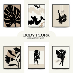 Modern Art Poster with body, women and flower. Matisse Abstract Set, Aesthetic Modern, Boho Decor, Minimalist, Illustration, Vector, Poster, Postcard. 