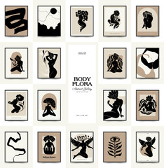 Modern Art Poster with body, women and flower. Matisse Abstract Set, Aesthetic Modern, Boho Decor, Minimalist, Illustration, Vector, Poster, Postcard. 