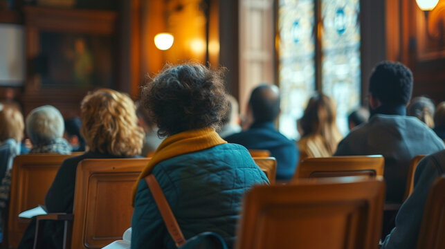 A neighborhood association meeting in a historic building, the intricate architecture softly blurred in the background, care jobs, with copy space