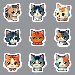 Cute sticker cartoon of cat on, gray background