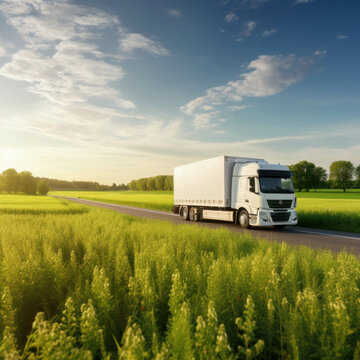 A white truck on the road near a green field, illustrating transportation concept with copyspace. AI generative.