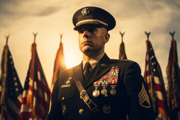 An evocative portrait of a military personnel, his uniform adorned with medals, standing tall as the sun sets, a testament to his years of service and courage