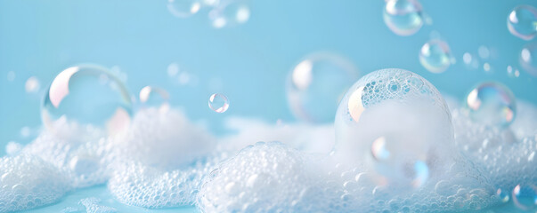 Frame with soap foam and bubbles made of shampoo, lotion, detergent. Macro photo of spume on blue background. Banner with copy space for laundry, cleaning services, beauty, skin care concept
