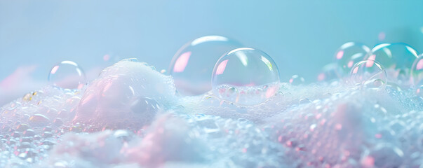 Frame with foam made of soap, shampoo, lotion, detergent on blue blurred backdrop. Macro photo of bubbles in water. Banner for laundry and cleaning services, spa, beauty and skin care concept.