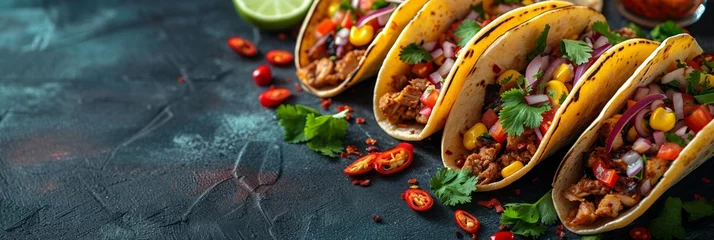 Foto op Canvas A vibrant Mexican taco platter on a wooden table with fresh ingredients like tomato, avocado, and salsa. © Andrii Zastrozhnov