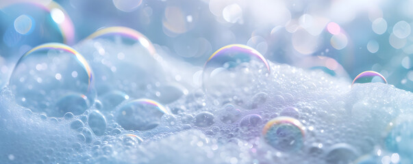 Background with soap foam and bubbles made of shampoo, lotion, detergent. Macro photo of spume in water. Banner with copy space for laundry, cleaning services, beauty, skin care, spa, concept - obrazy, fototapety, plakaty