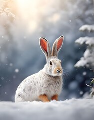 Hare in the background of a winter forest. Generative AI.