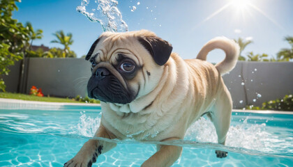 Hilarious pug pup diving underwater in a sunny pool, close-up shot