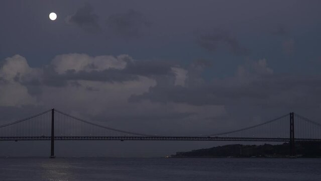 Stunning View Of A Moon Over The Bridge At Night, Simetry Shoot, 4K