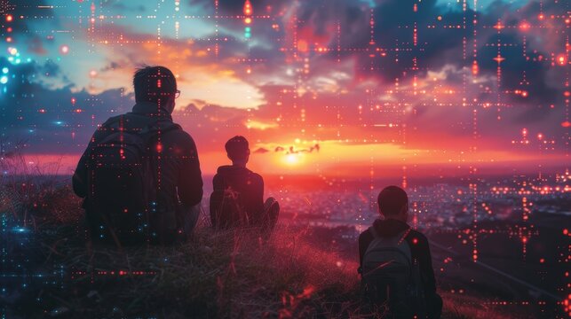 Online Learning: Students Engaged in Virtual Classes at Sunset