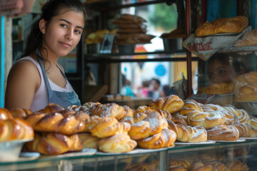 female seller puts fresh pastries on display and sells them to customers