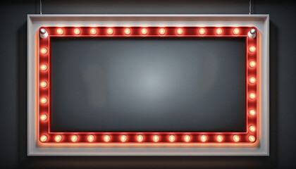 Realistic red lightbox marquee frame with stars and neon bulb lamps on wall background.