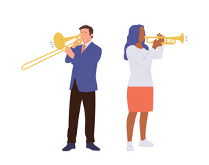Talented man and woman musicians cartoon characters playing wind instruments performing concert
