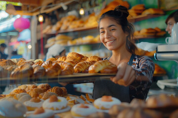 female seller puts fresh pastries on display and sells them to customers
