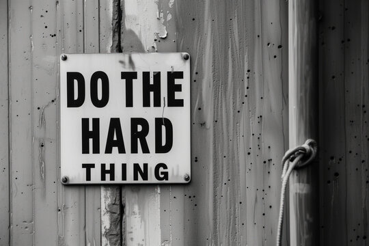 Old sign that says "Do the hard thing" on a rough concrete wall. Created with Generative AI technology