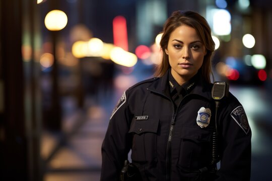 Twilight Portrait of a Resilient Woman Police Officer, Surveying Her Beat on a Bustling Urban Street
