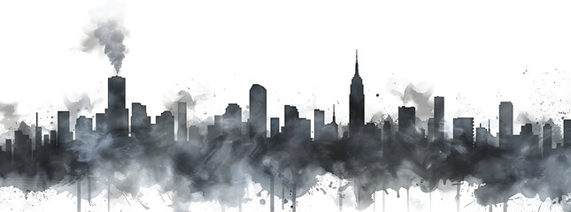 Fototapeta premium Pollution concept. Black cityscape minimalist with smoke clouds isolated on white background