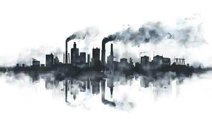 Pollution concept. Black cityscape minimalist with smoke clouds isolated on white background