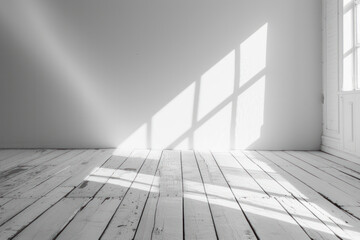 White room with copy space and wooden floor.