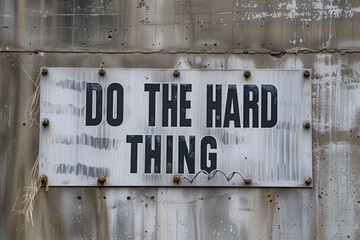 Old sign that says "Do the hard thing" on a rough concrete wall. Created with Generative AI technology