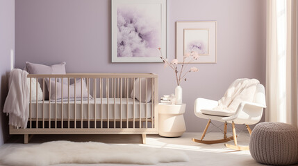 A cozy nursery room with a sleek white crib, surrounded by luxurious knitted blankets in rich shades of lavender and soft gray.