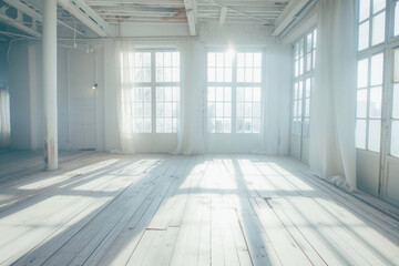 White room with copy space and wooden floor.