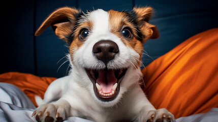 A Jack Russell Terrier puppy with a brown and white coat, playfully tugging at an orange rope toy on a luxurious white bedspread.