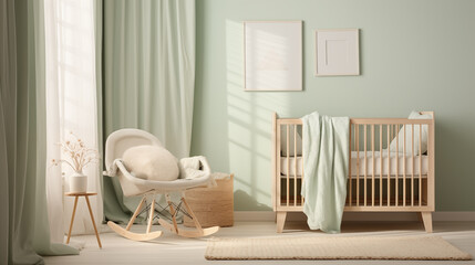 A tranquil baby room featuring a classic white crib against a soft pastel wall, adorned with soft knitted blankets in shades of mint and ivory. 