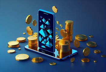 Smartphone with a graph, an arrow and columns of golden coins on a blue background. 3D rendering. Generative AI