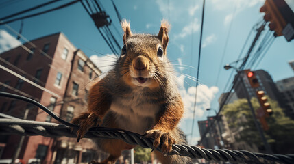 A squirrel ascending a power line with urban buildings in the background.  - obrazy, fototapety, plakaty