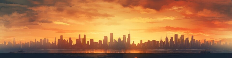 Fototapeta premium Silhouetted skyline as the sun sets, painting the city in warm hues