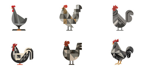 Set of abstract geometric roosters. Muted gray palette. Decorative composition in bauhaus style. Creative vector flat illustration.